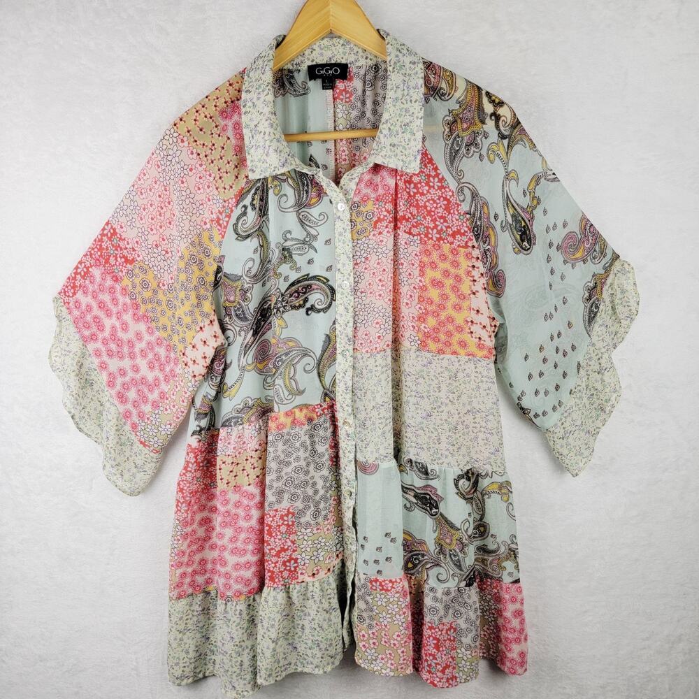 Bohemian Large Button 3/4 Flutter Sleeve Colorful Patchwork Floral Cottagecore